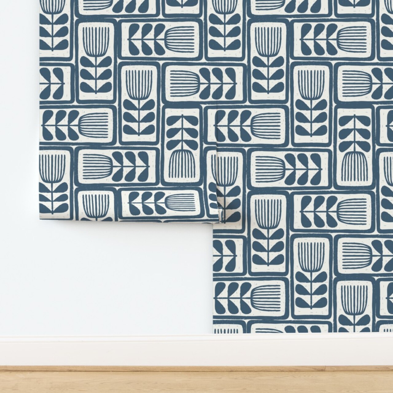 Retro Block Print Blue Abstract Flowers Minimal Stamped Japandi Custom Removable Wallpaper by Spoonflower Peel & Stick Wallpaper 2FT Wide